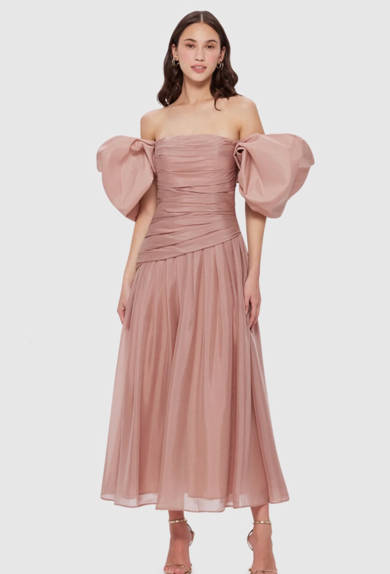 Leo Lin Lydia Puff Sleeve Midi Dress - Dusty Pink