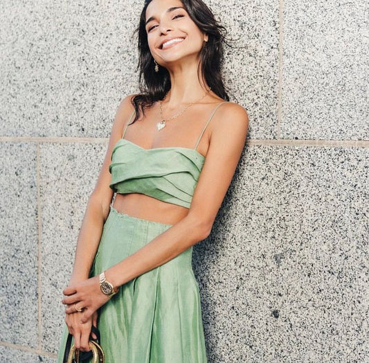 Aje Thea Draped Twist Crop Top & Paradiso Cinched Midi Skirt Set Green Size 8 / S