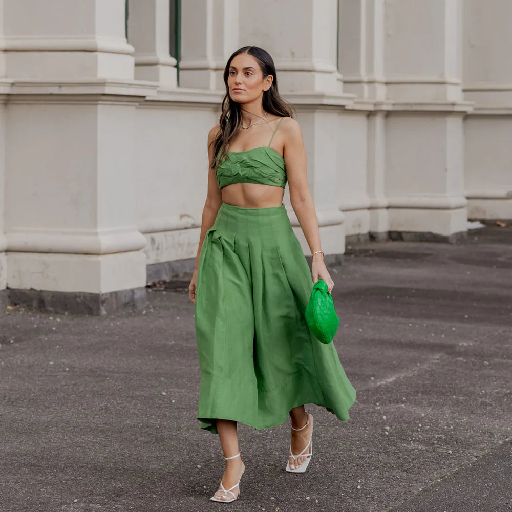 Aje Thea Draped Twist Crop Top & Paradiso Cinched Midi Skirt Set Green Size 8 / S